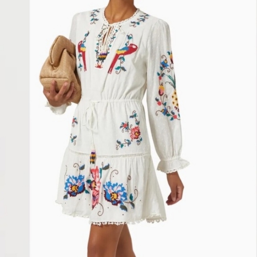 NWT FARM Rio Macaw Cross Stitch Embroidered
Mini Dress Size XS